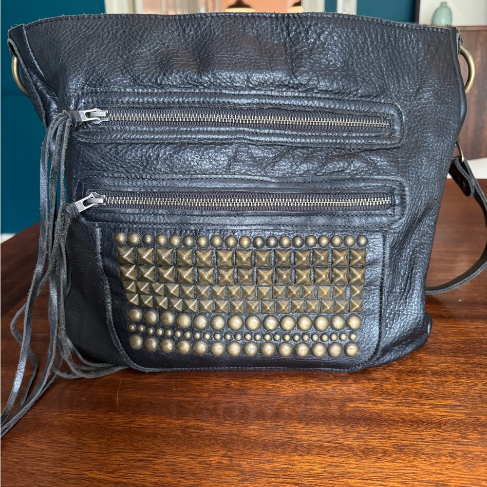 Two Bar West Black Studded Leather Bag